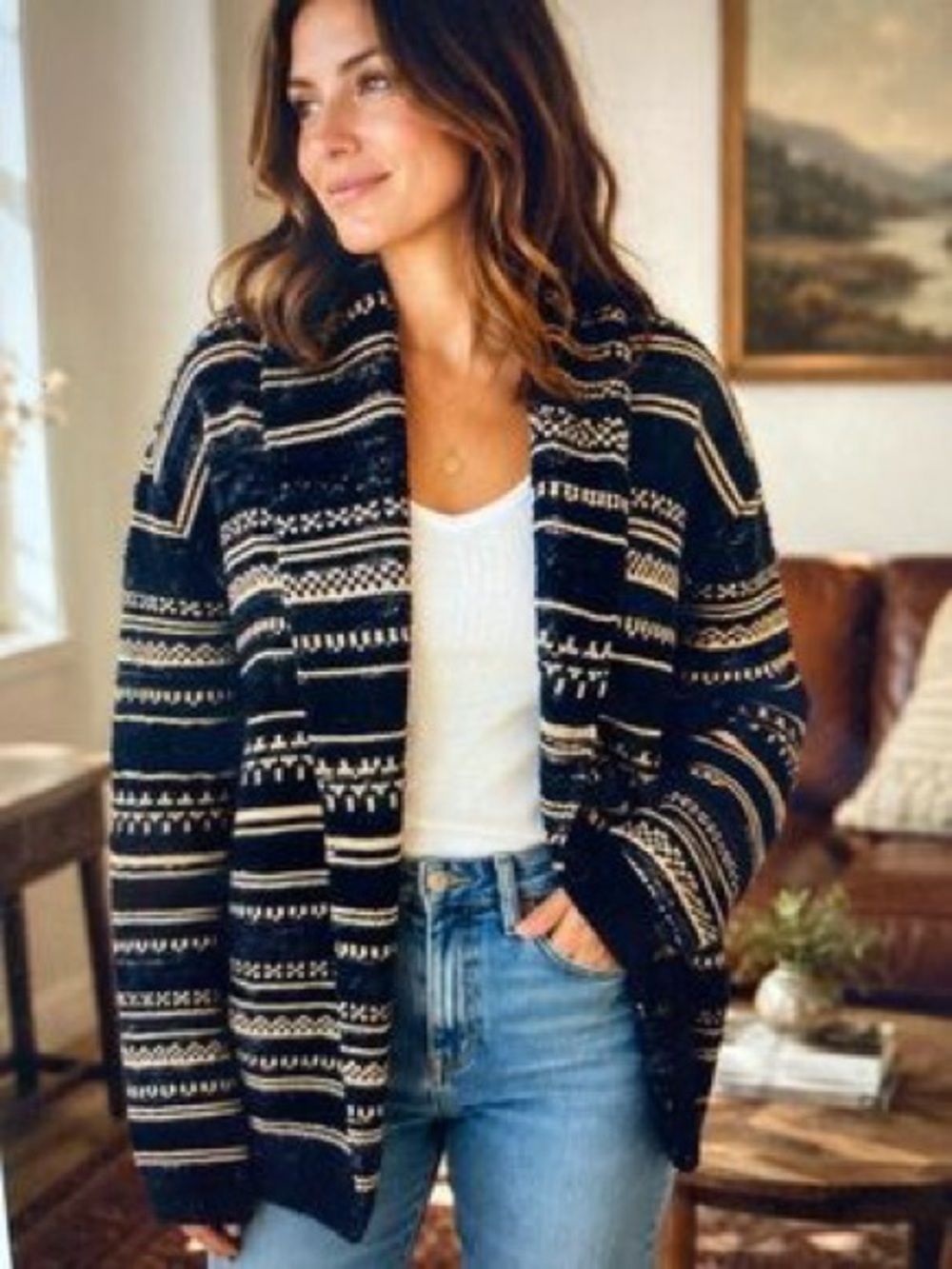 Lauren Ralph Lauren Petite Open Front Cardigan Sweater Black‎ Cream Striped XS